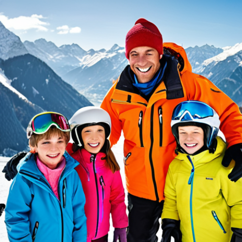** A vibrant, joyful ski instructor teaching a group of smiling children in the snowy Austrian Alps. Focus on the instructor's passion and the fun learning environment. Think bright colors and a picturesque mountain backdrop.

**