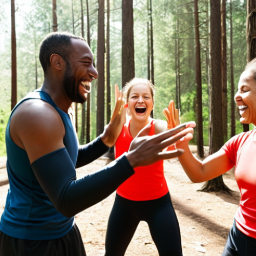 ** A group of diverse athletes laughing and high-fiving in a sunny forest after a fun team-building exercise (like a scavenger hunt or relay race). Focus on capturing the joy and camaraderie, showcasing the "power of play" mentioned in the text.

**