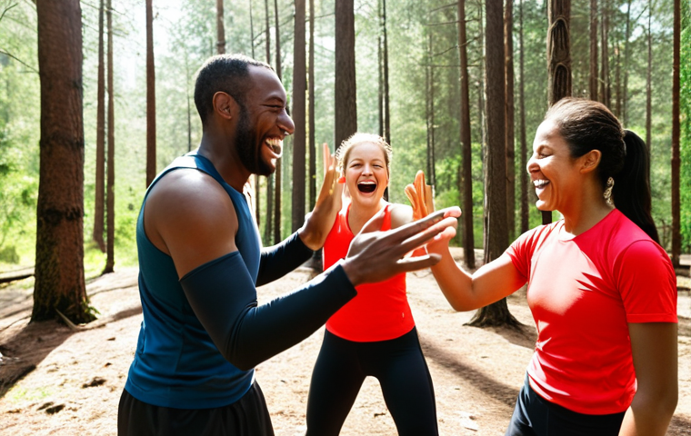 ** A group of diverse athletes laughing and high-fiving in a sunny forest after a fun team-building exercise (like a scavenger hunt or relay race). Focus on capturing the joy and camaraderie, showcasing the "power of play" mentioned in the text.

**