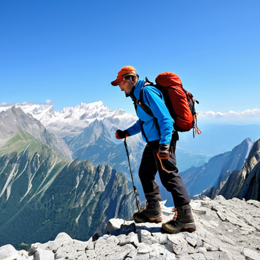 **

A professional mountain guide, fully clothed in appropriate outdoor gear (hiking pants, jacket, sturdy boots), demonstrating climbing techniques on a rocky crag in the Italian Alps. Clear blue sky, perfect anatomy, correct proportions, natural pose, safe for work, appropriate content, professional, family-friendly.

**