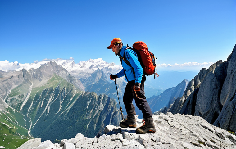 **
A professional mountain guide, fully clothed in appropriate outdoor gear (hiking pants, jacket, sturdy boots), demonstrating climbing techniques on a rocky crag in the Italian Alps. Clear blue sky, perfect anatomy, correct proportions, natural pose, safe for work, appropriate content, professional, family-friendly.
**