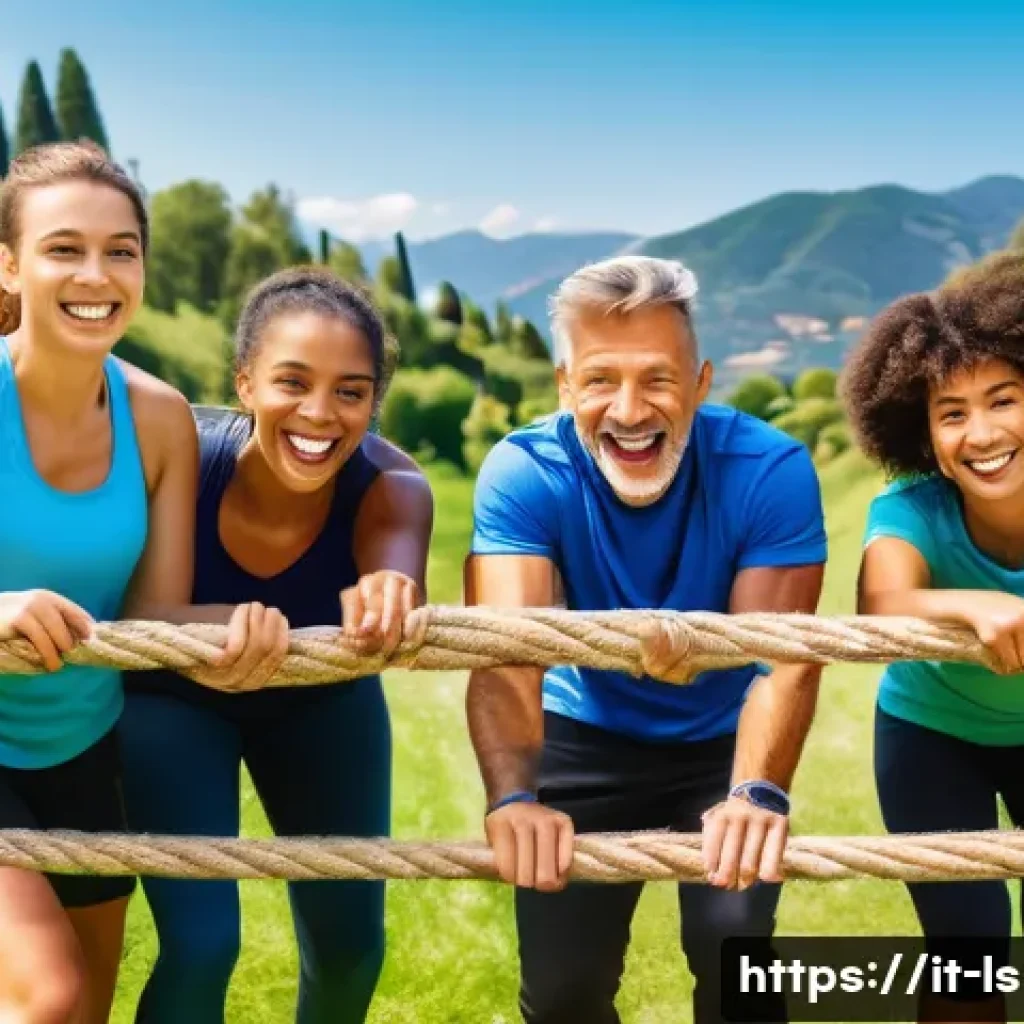 레저스포츠지도자와 팀 빌딩 활동 아이디어 - A diverse group of adult athletes engaged in a team-building obstacle course outdoors on a sunny day...