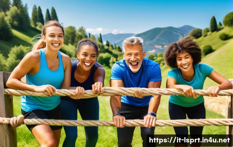 레저스포츠지도자와 팀 빌딩 활동 아이디어 - A diverse group of adult athletes engaged in a team-building obstacle course outdoors on a sunny day...