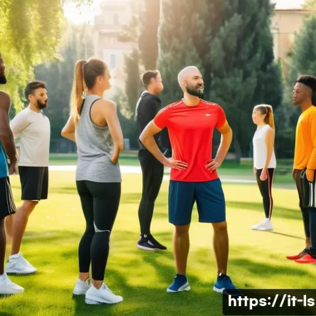 레저스포츠지도자 이론과 실무 간의 차이점 - A vibrant outdoor leisure sports training session in an urban park in Italy, featuring a diverse gro...