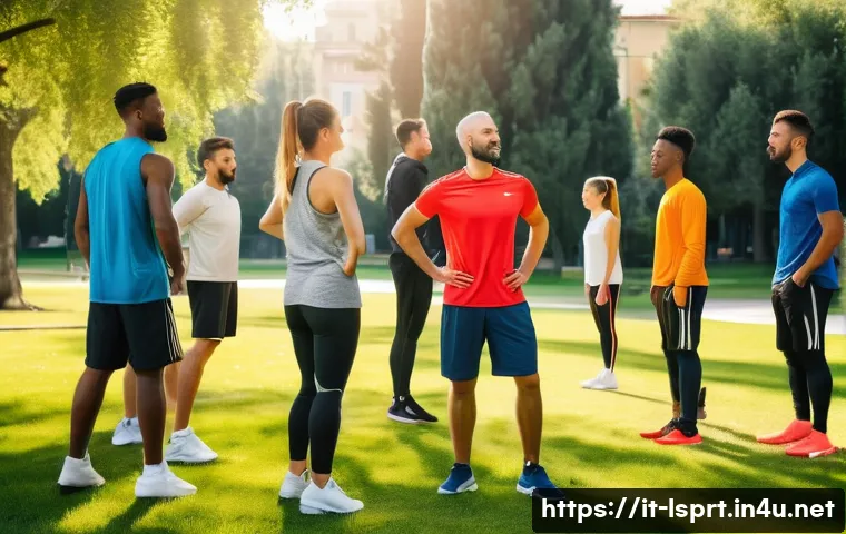 레저스포츠지도자 이론과 실무 간의 차이점 - A vibrant outdoor leisure sports training session in an urban park in Italy, featuring a diverse gro...