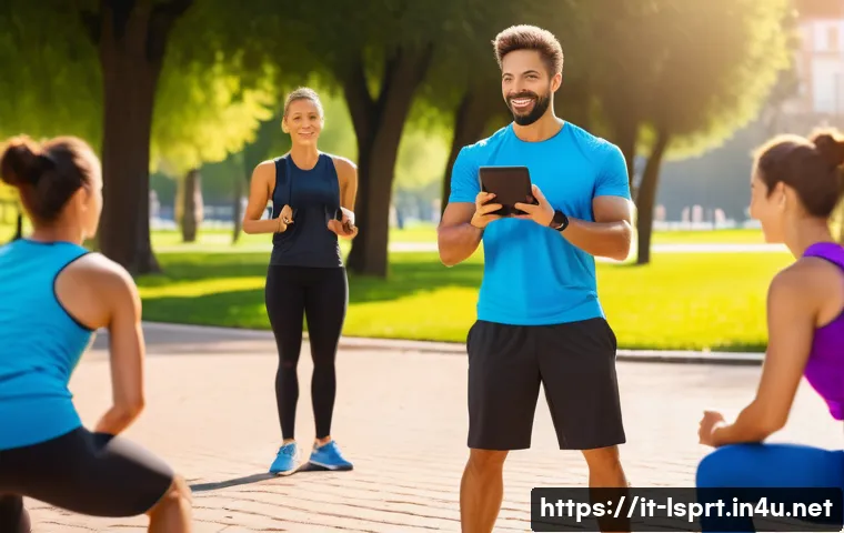 레저스포츠지도자 전문성과 시장 수요 분석 - A professional sports leader conducting an outdoor group fitness session in a sunny urban park in It...