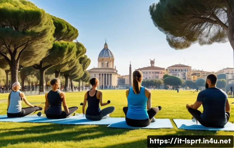 레저스포츠지도자 업무에서의 건강 관리 - A professional Italian sports instructor leading a morning outdoor fitness class in a sunny urban pa...