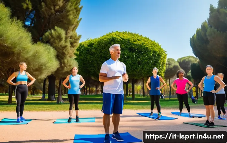 레저스포츠지도자 관련 블로그 및 정보 사이트 추천 - A professional outdoor sports instructor leading a diverse group class in a sunny Italian park, surr...