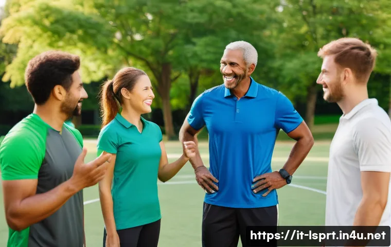 레저스포츠지도자 현장에서 필요한 언어 능력 - A diverse group of recreational sports participants in a multicultural outdoor setting, wearing spor...
