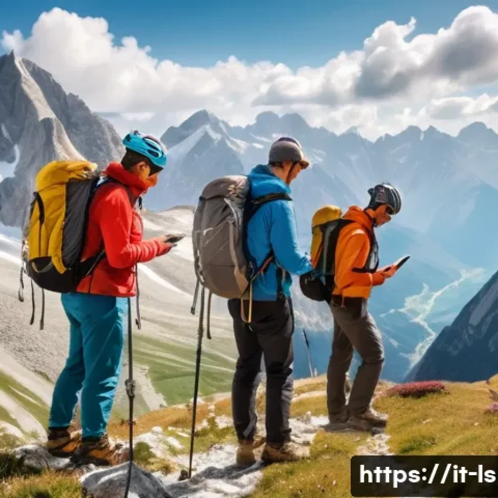 레저스포츠지도자와 실무에서의 리스크 관리 사례 - A group of diverse adults hiking safely on a mountain trail in the Italian Alps, wearing appropriate...