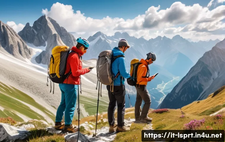 레저스포츠지도자와 실무에서의 리스크 관리 사례 - A group of diverse adults hiking safely on a mountain trail in the Italian Alps, wearing appropriate...