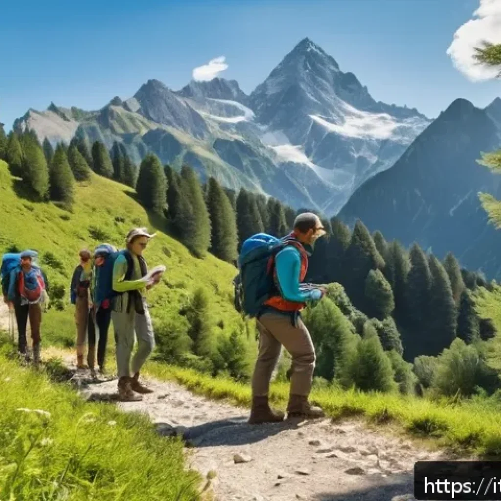 레저스포츠지도자와 환경 문제 해결을 위한 기여 - A group of outdoor instructors leading a small hiking group on a well-maintained forest trail in the...