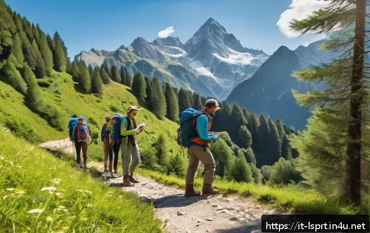 레저스포츠지도자와 환경 문제 해결을 위한 기여 - A group of outdoor instructors leading a small hiking group on a well-maintained forest trail in the...
