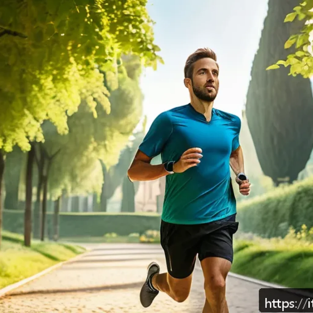 레저스포츠지도자와 관련된 최신 연구 동향 - A dynamic scene of an amateur runner wearing high-tech wearable devices such as a sleek smartwatch a...