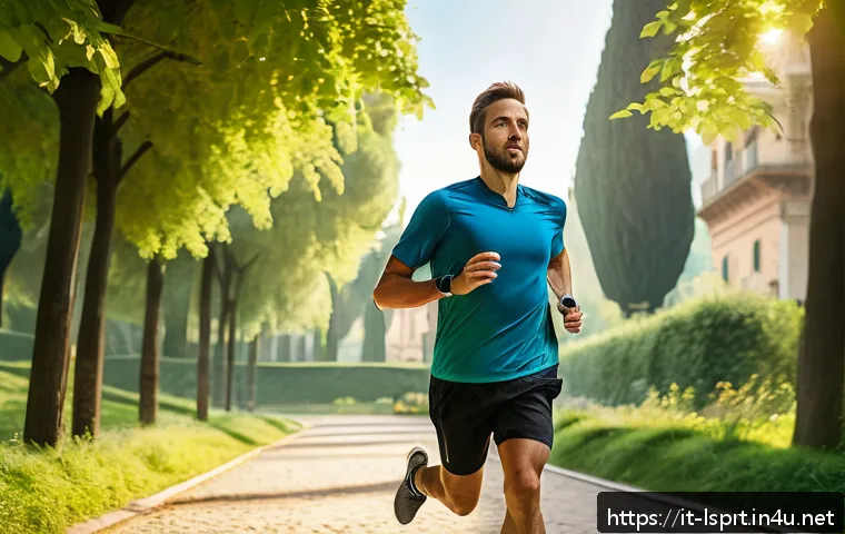 레저스포츠지도자와 관련된 최신 연구 동향 - A dynamic scene of an amateur runner wearing high-tech wearable devices such as a sleek smartwatch a...