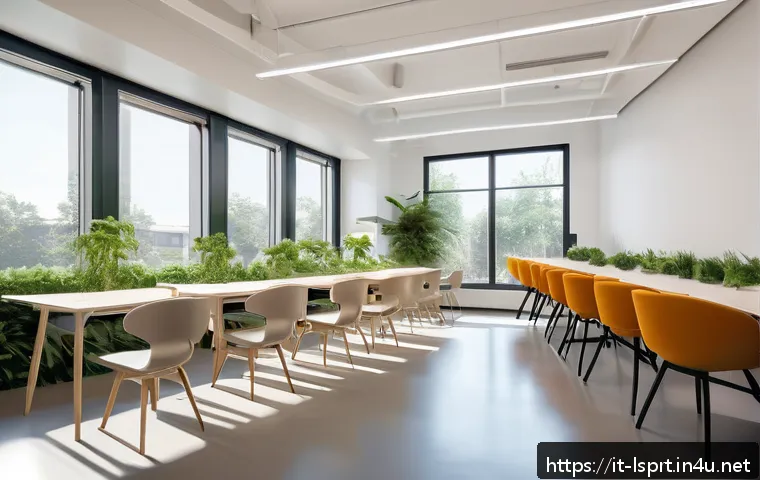 레저스포츠지도자 자격증 시험 환경 개선 아이디어 - A bright, modern exam room designed for wellbeing and concentration, featuring large floor-to-ceilin...