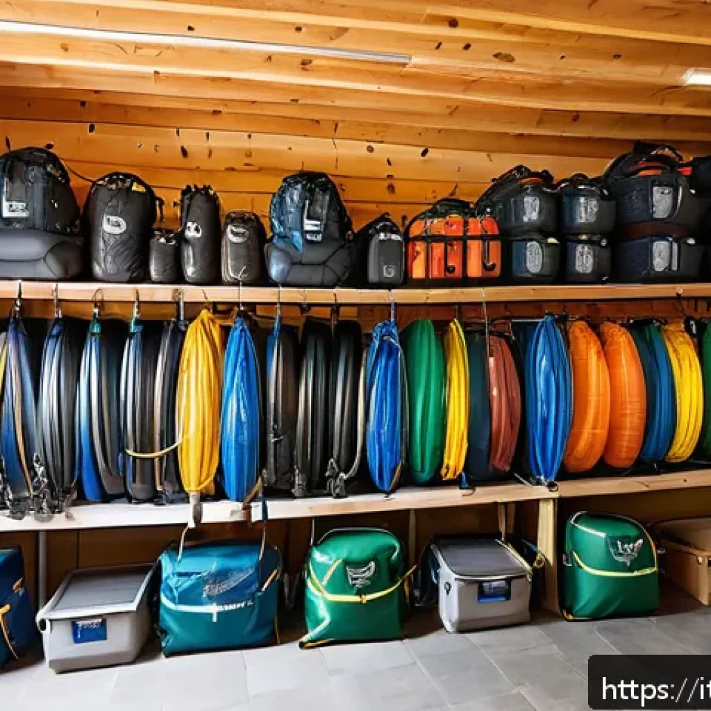 레저스포츠지도자 실무에서 사용하는 장비 관리법 - A well-organized outdoor gear storage room in an Italian mountain lodge, featuring adjustable metal ...