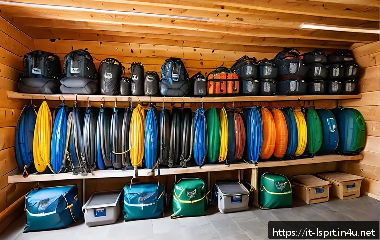레저스포츠지도자 실무에서 사용하는 장비 관리법 - A well-organized outdoor gear storage room in an Italian mountain lodge, featuring adjustable metal ...