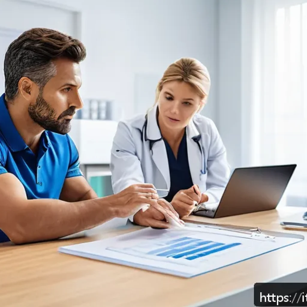 레저스포츠지도자와 관련된 건강보험 혜택 - A professional sports instructor consulting with a sports medicine specialist in a modern clinic, di...