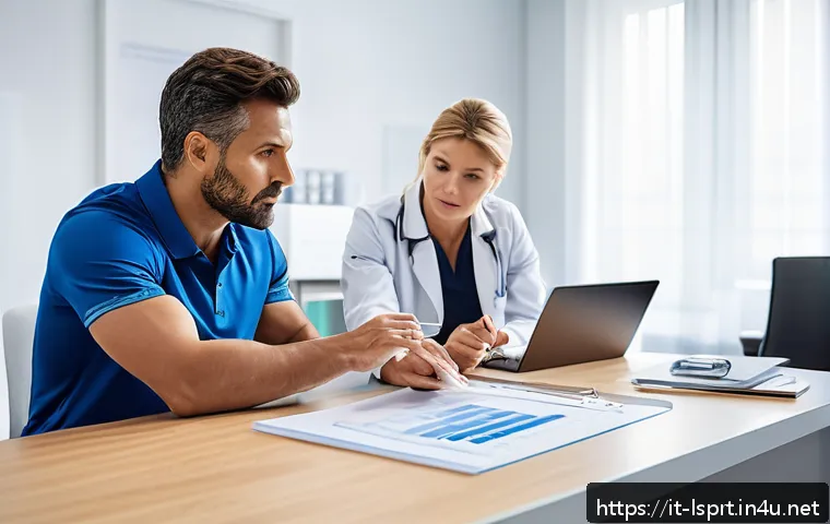 레저스포츠지도자와 관련된 건강보험 혜택 - A professional sports instructor consulting with a sports medicine specialist in a modern clinic, di...