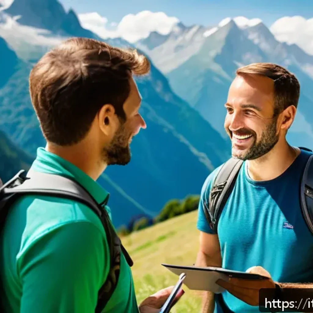 레저스포츠지도자와 고객 관리 스킬 - A professional outdoor activity instructor attentively listening to a diverse group of Italian clien...