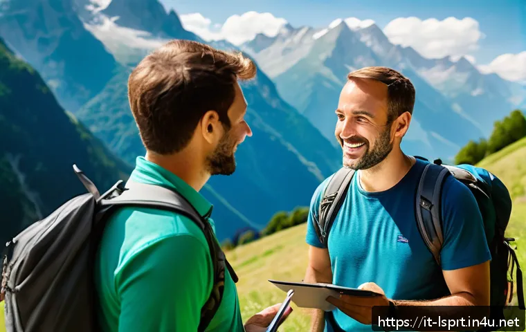 레저스포츠지도자와 고객 관리 스킬 - A professional outdoor activity instructor attentively listening to a diverse group of Italian clien...