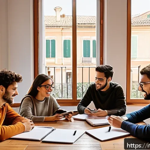 레저스포츠지도자 자격증 대비 그룹 스터디 운영법 - A modern study group of young Italian adults gathered around a large wooden table in a bright, cozy ...