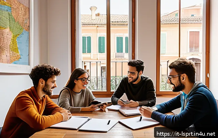 레저스포츠지도자 자격증 대비 그룹 스터디 운영법 - A modern study group of young Italian adults gathered around a large wooden table in a bright, cozy ...