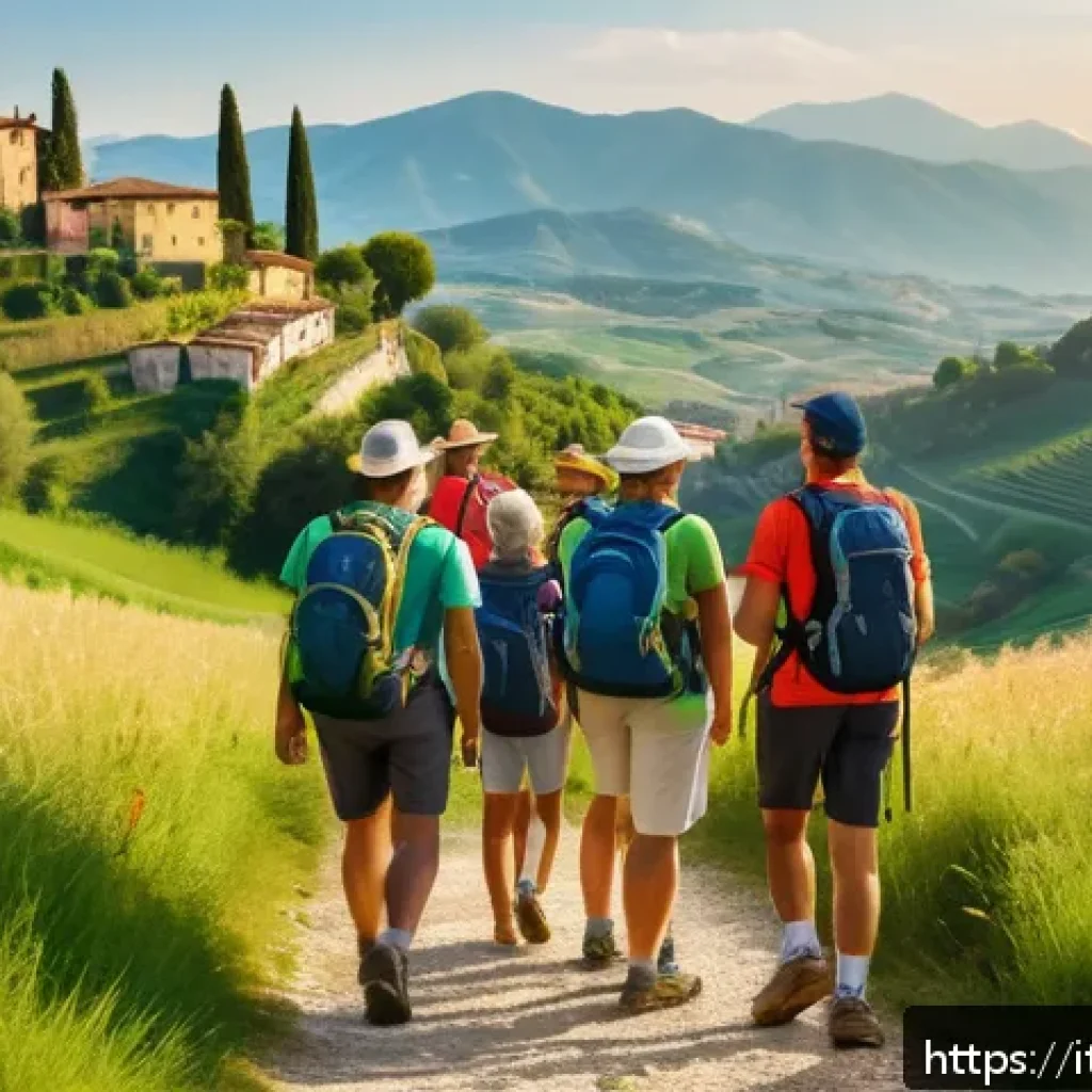 레저스포츠지도자 커뮤니티 참여로 얻을 수 있는 이점 - A vibrant group of diverse adults hiking through lush Italian countryside trails during golden hour,...