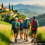 레저스포츠지도자 커뮤니티 참여로 얻을 수 있는 이점 - A vibrant group of diverse adults hiking through lush Italian countryside trails during golden hour,...