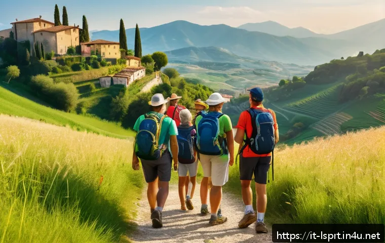 레저스포츠지도자 커뮤니티 참여로 얻을 수 있는 이점 - A vibrant group of diverse adults hiking through lush Italian countryside trails during golden hour,...