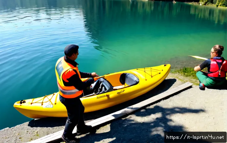 레저스포츠지도자 업무에서 발생하는 안전사고 대처법 - Photorealistic Italian lakeside water-sports safety scene, a trained leisure sports instructor in a ...